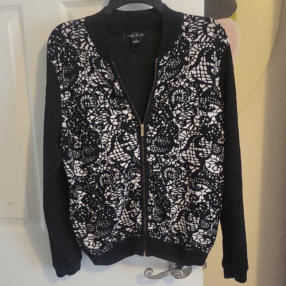 August Silk SzLg Cotton blend Zip up ribbed collar Black,white bomber jacket